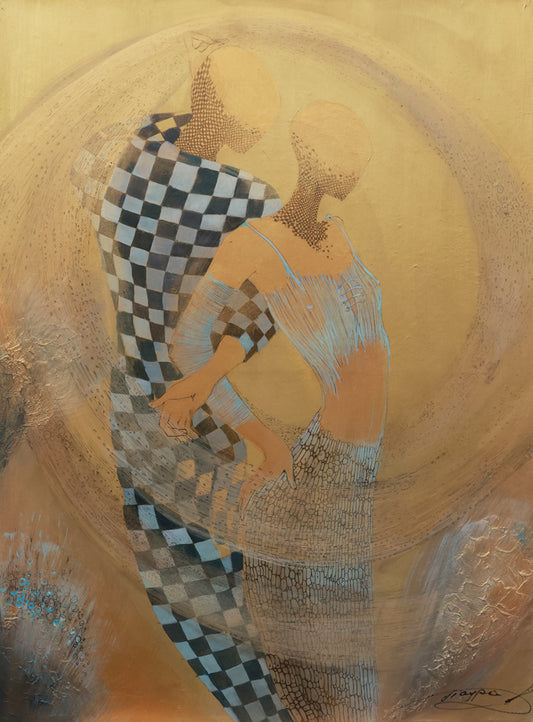Artistic depiction of a figure with checkered pattern and abstract elements on a yellow background