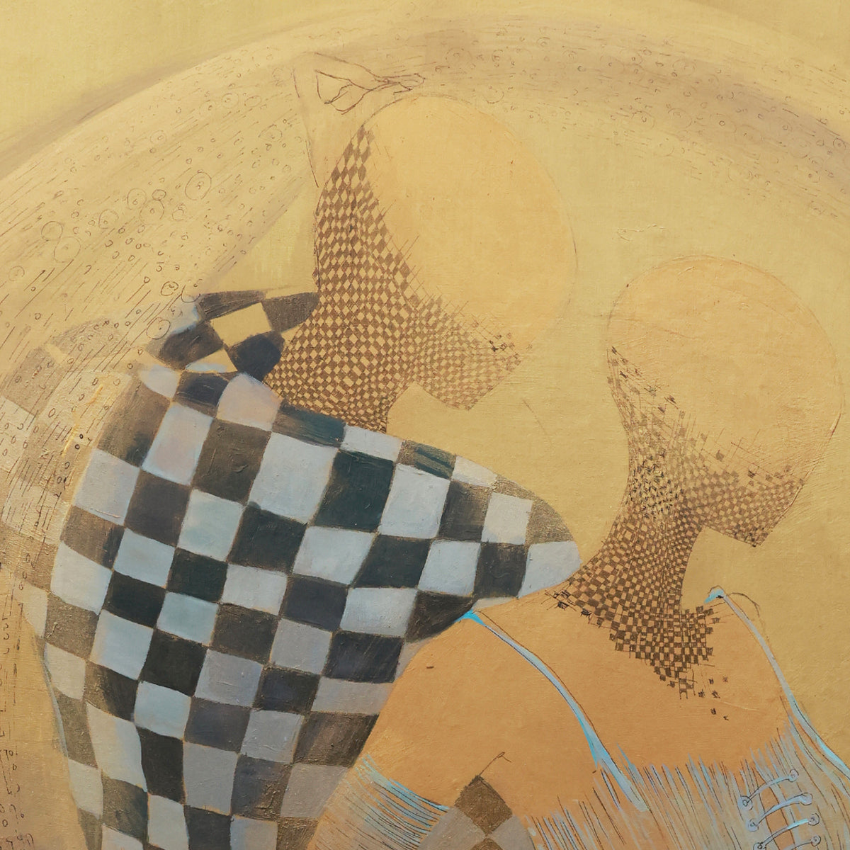 Abstract artwork with geometric patterns on a beige background