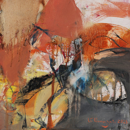 A detail shot of an abstract oil painting on canvas with bold colors and dynamic textures.