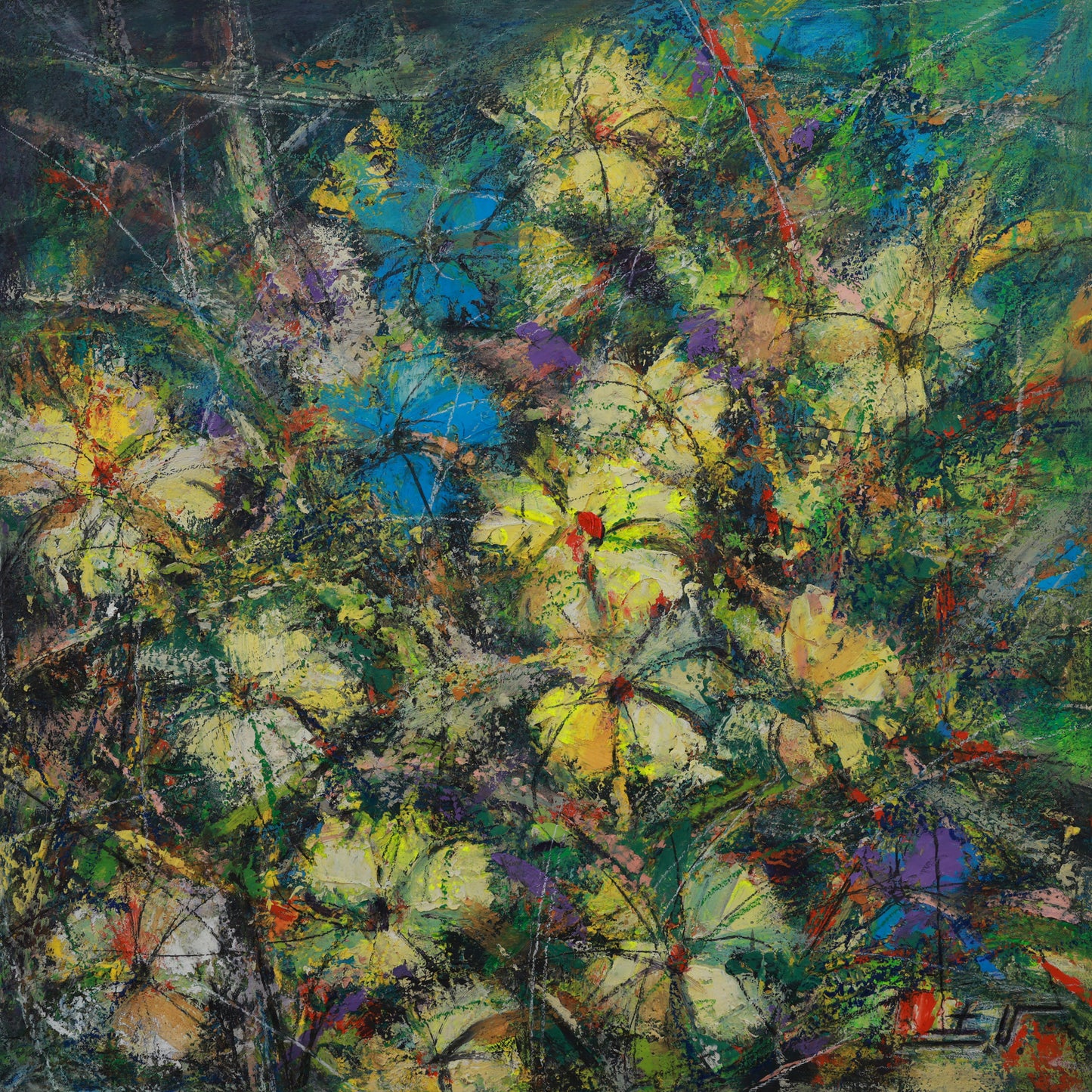 Abstract painting of flowers and butterflies with a signature in the corner