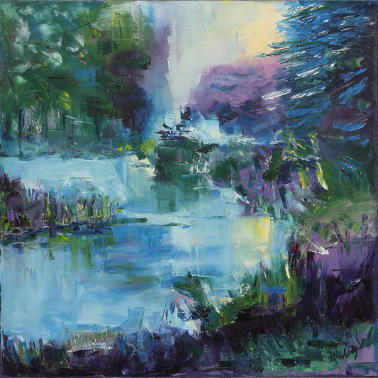 Abstract oil painting on canvas with vibrant colors and brush strokes depicting a natural scene.