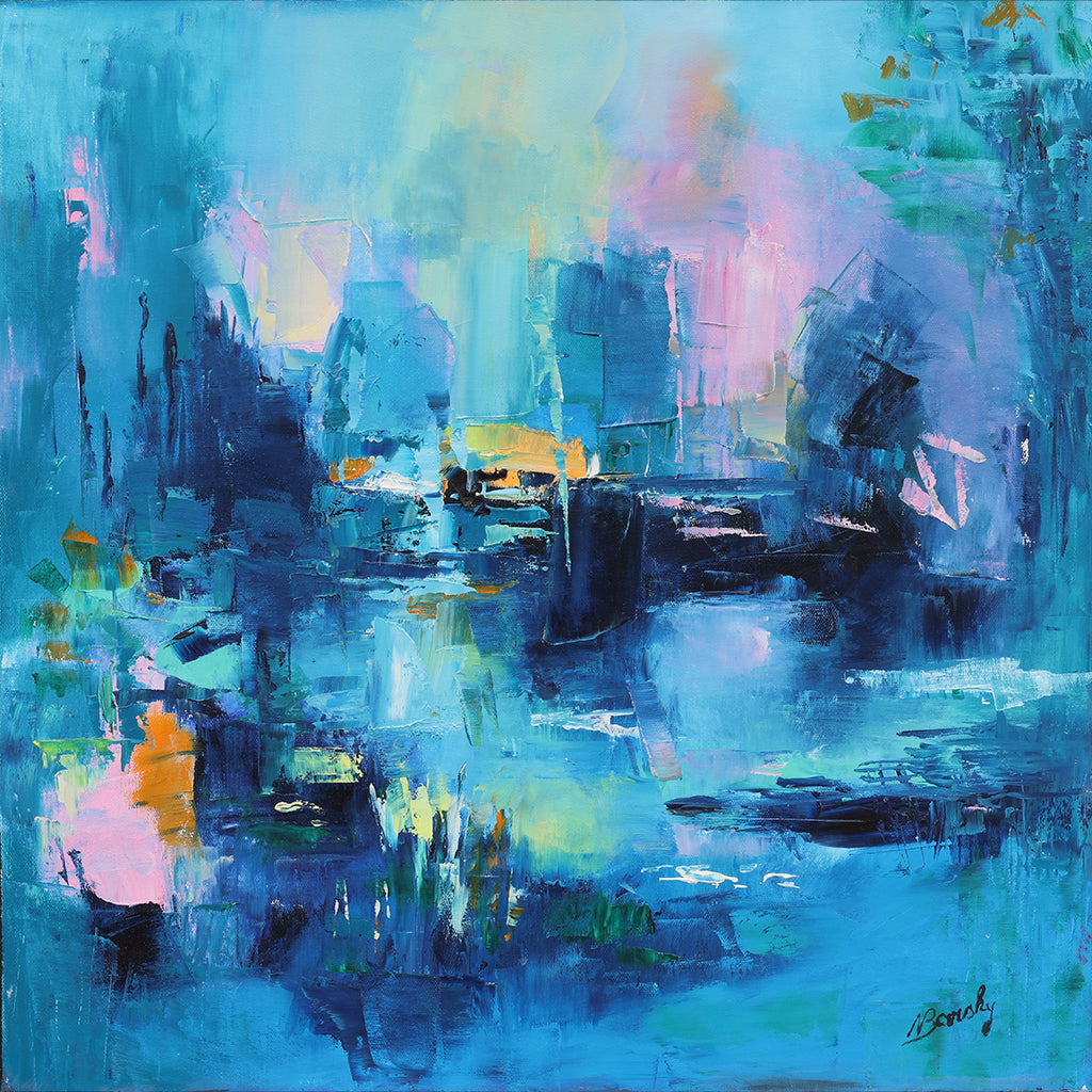 Vibrant abstract landscape painting featuring cool blue, teal, and indigo tones with bold accents of pink, orange, and yellow. Broad, textured brushstrokes create an impression of a cityscape or waterfront scene reflected in water, evoking a dreamlike and atmospheric mood. The composition balances light and shadow with expressive, layered color fields in a modern, impressionistic style.