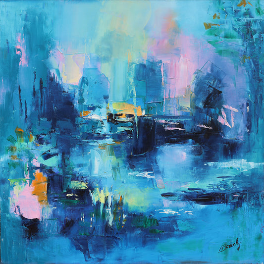 Vibrant abstract landscape painting featuring cool blue, teal, and indigo tones with bold accents of pink, orange, and yellow. Broad, textured brushstrokes create an impression of a cityscape or waterfront scene reflected in water, evoking a dreamlike and atmospheric mood. The composition balances light and shadow with expressive, layered color fields in a modern, impressionistic style.