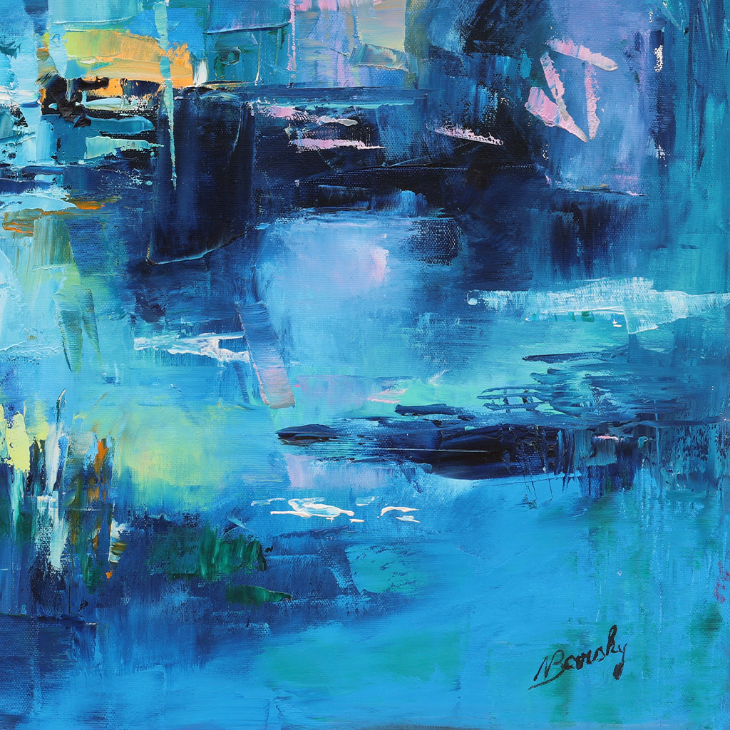 A detail shot of a vibrant abstract landscape painting featuring cool blue, teal, and indigo tones with bold accents of pink, orange, and yellow. Broad, textured brushstrokes create an impression of a cityscape or waterfront scene reflected in water, evoking a dreamlike and atmospheric mood. The composition balances light and shadow with expressive, layered color fields in a modern, impressionistic style.