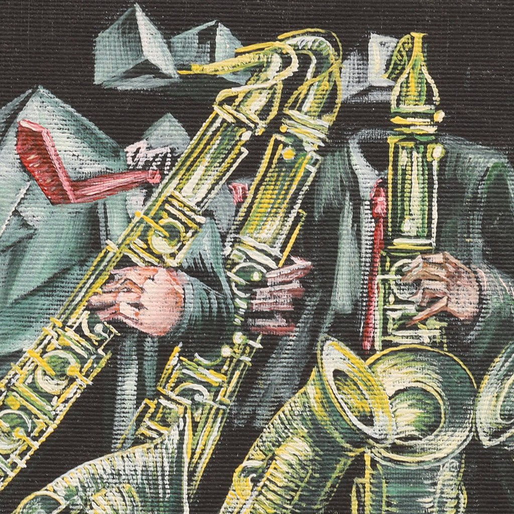 a detail shot of a surreal jazz painting featuring four abstract, faceless musicians in suits playing saxophones against a black background. Each figure has exaggerated hands and geometric, box-shaped heads, emphasizing motion and rhythm. The saxophones glow with golden-yellow highlights, creating a dynamic contrast with the dark canvas and evoking the energy of a live jazz performance.