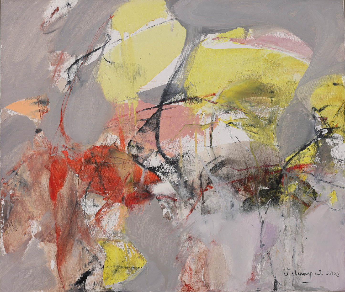 An abstract oil painting on canvas with bold colors and dynamic textures.