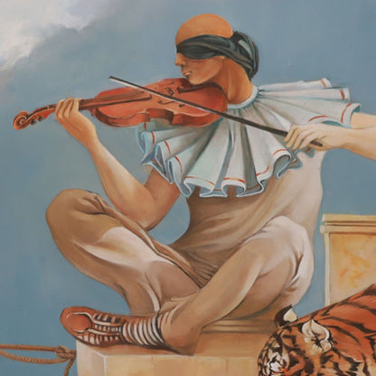 Artistic depiction of a blindfolded figure playing a violin against a blue sky.