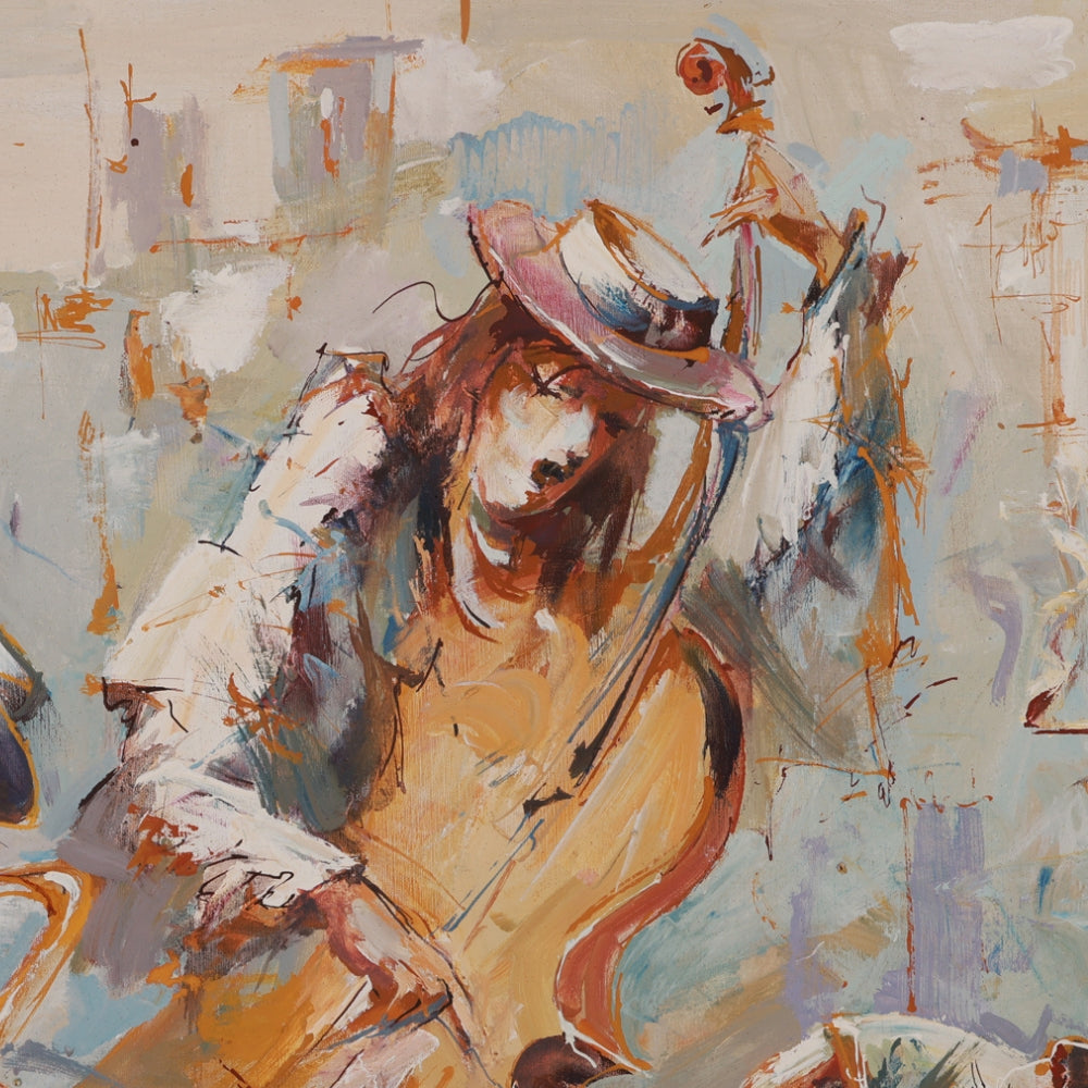 Abstract painting of a person with a hat and coat, using warm colors on a textured background.