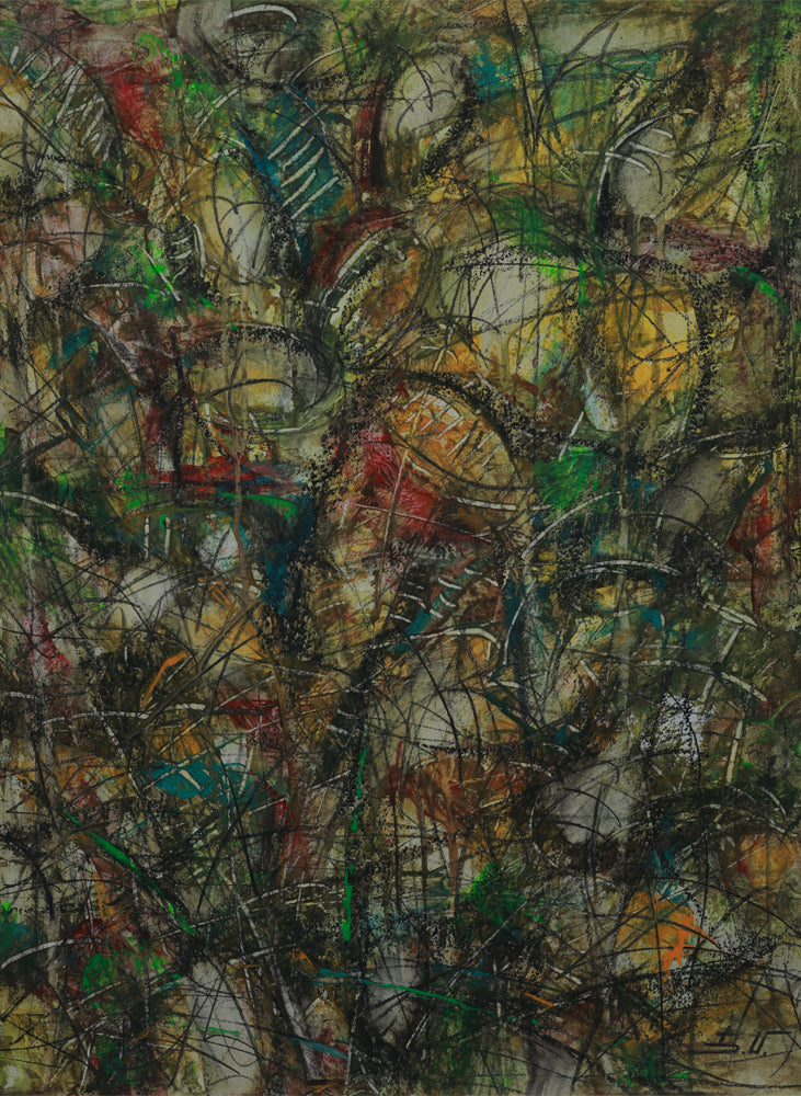 Abstract artwork with a mix of colors and textures