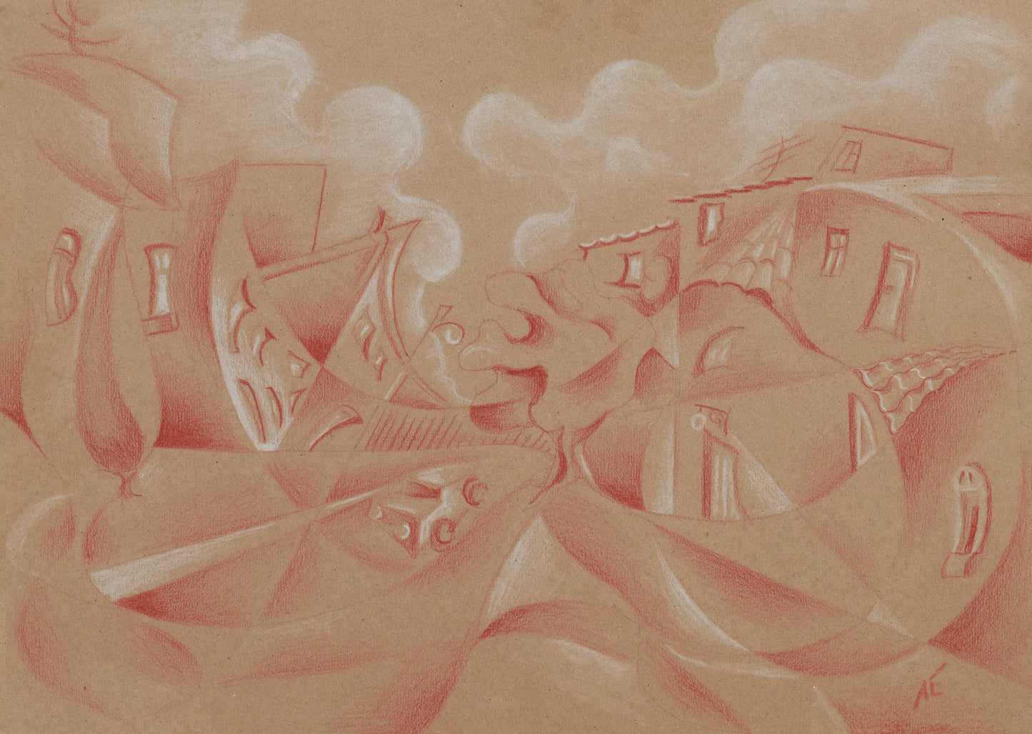 Abstract artwork with geometric shapes and a cityscape on a beige background