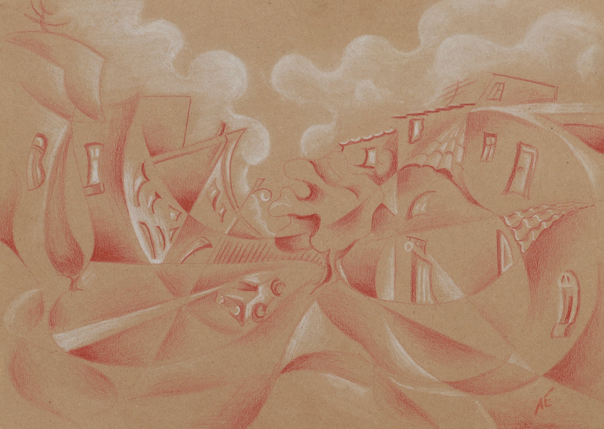 Abstract artwork with geometric shapes and a cityscape on a beige background