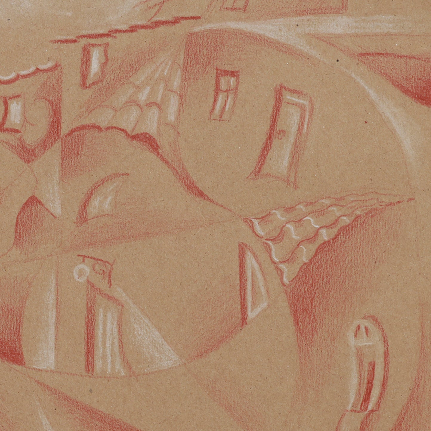 Red ink drawing of a village scene on brown paper