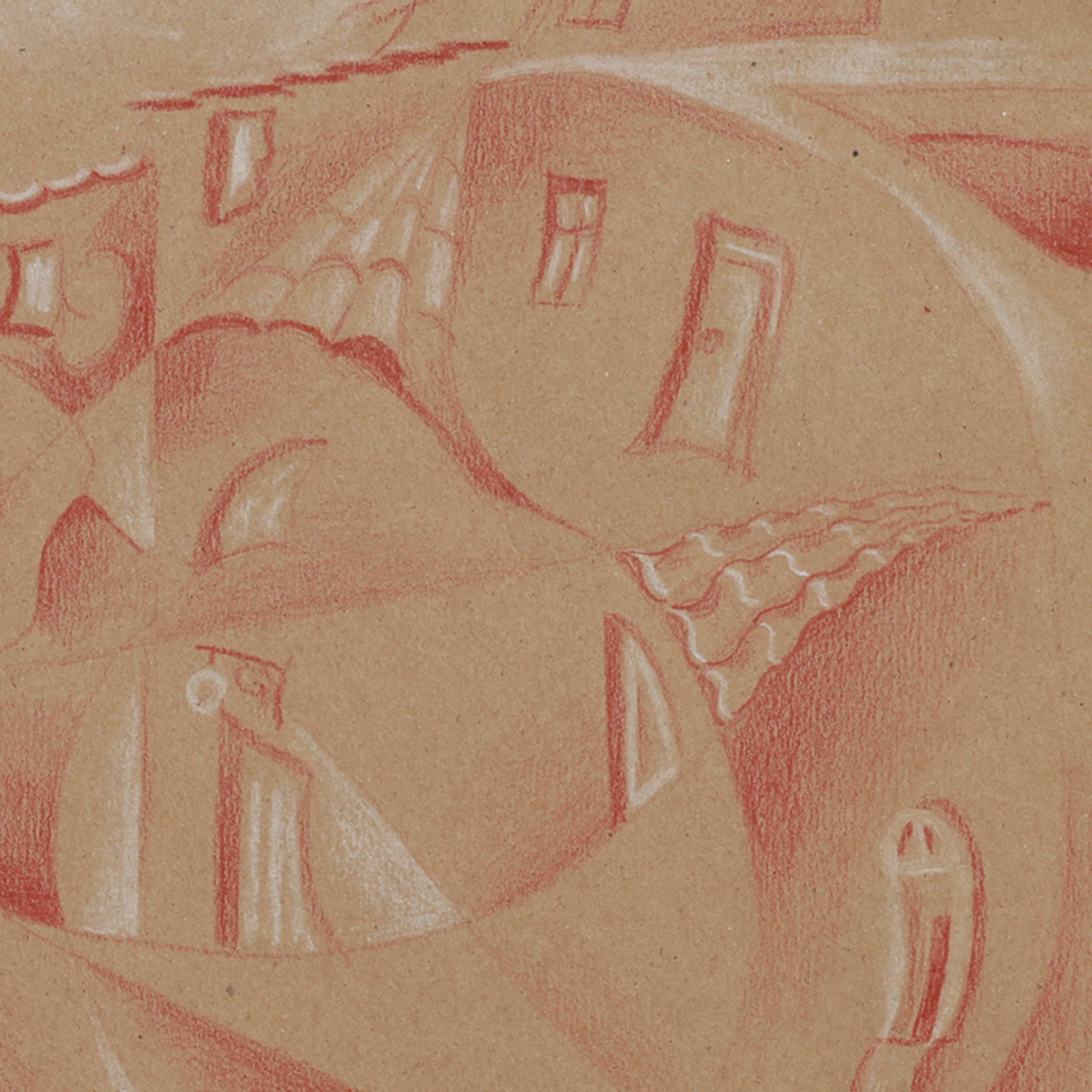 Red ink drawing of a village scene on brown paper