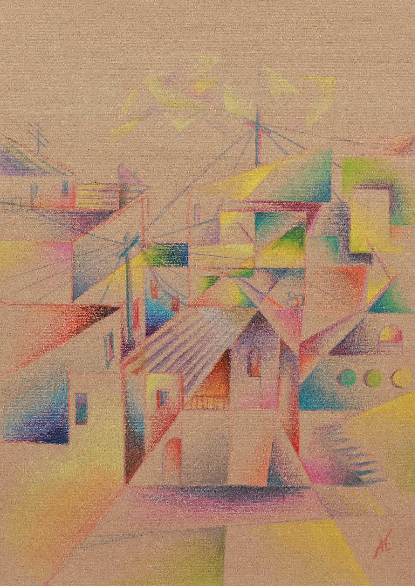 Abstract artwork with geometric shapes and vibrant colors on a textured beige background