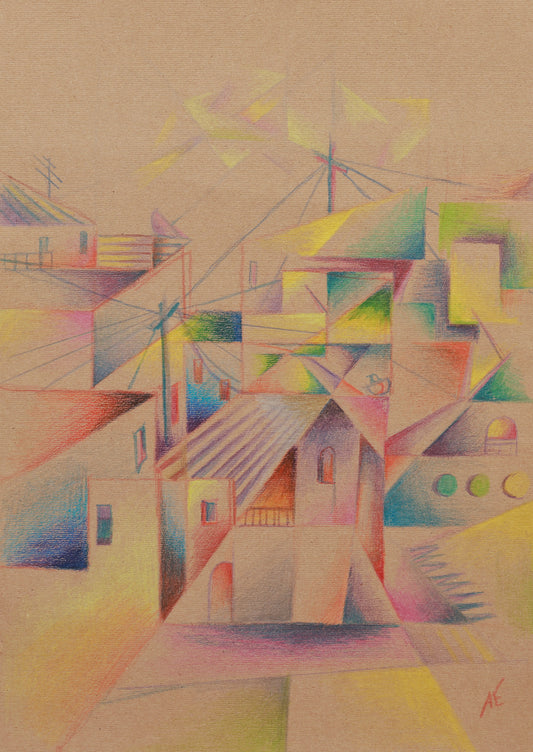 Abstract artwork with geometric shapes and vibrant colors on a textured beige background