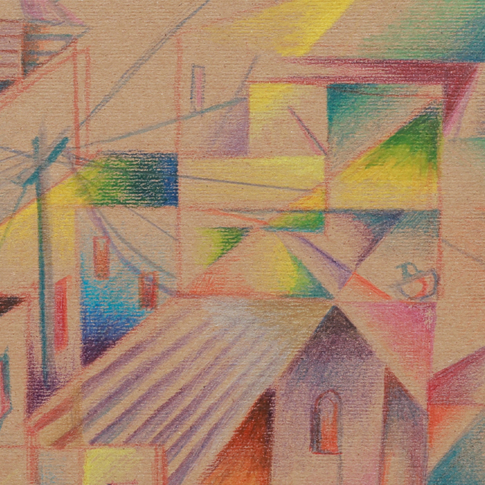 Abstract artwork with geometric shapes and vibrant colors on a textured surface.