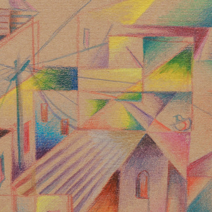 Abstract artwork with geometric shapes and vibrant colors on a textured surface.