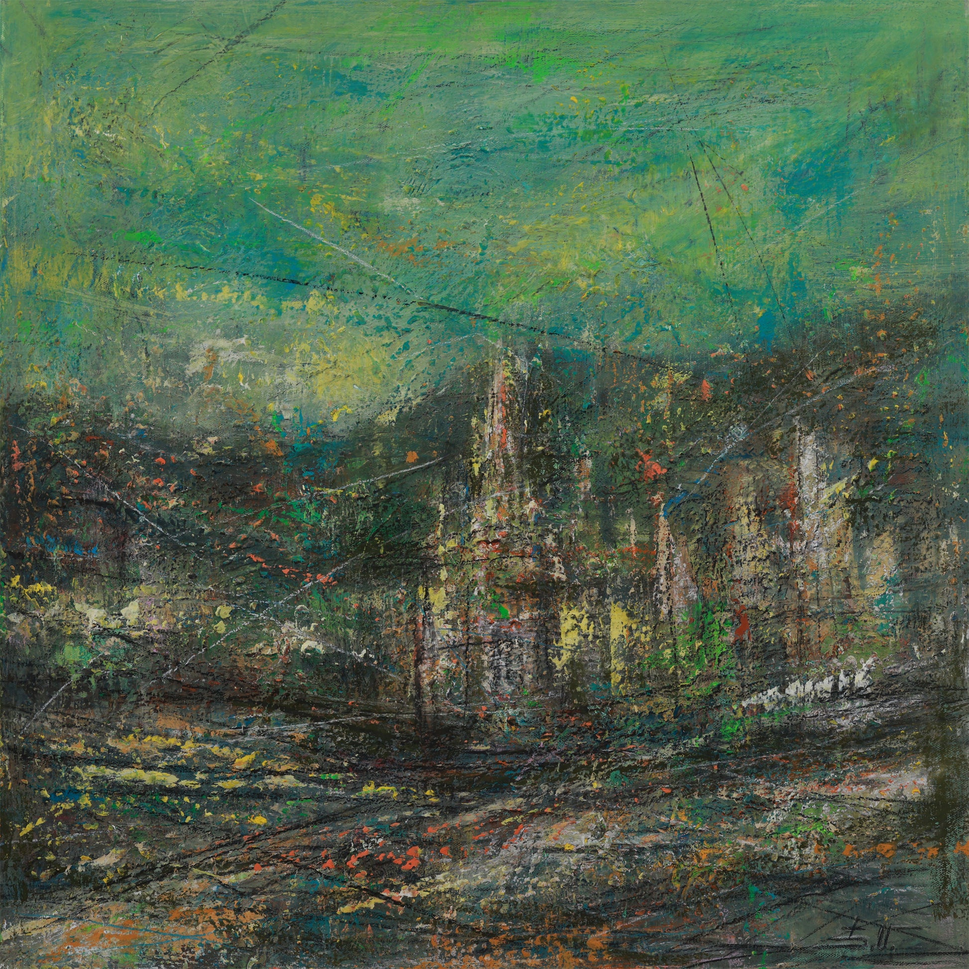 Abstract painting with a mix of green, blue, and brown colors.