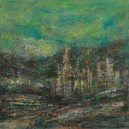 Abstract painting with a mix of green, blue, and brown colors.