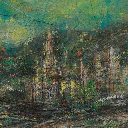 Abstract painting of a castle with textured green and brown tones