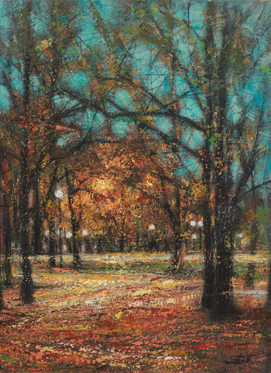 Painting of a park with trees and a path in autumn
