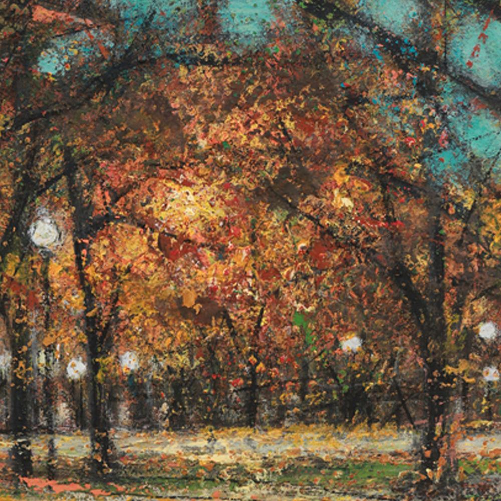 Artistic depiction of a park with trees in autumn colors at night.