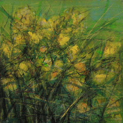 Abstract painting of yellow flowers and green foliage