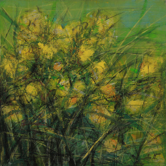 Abstract painting of yellow flowers and green foliage