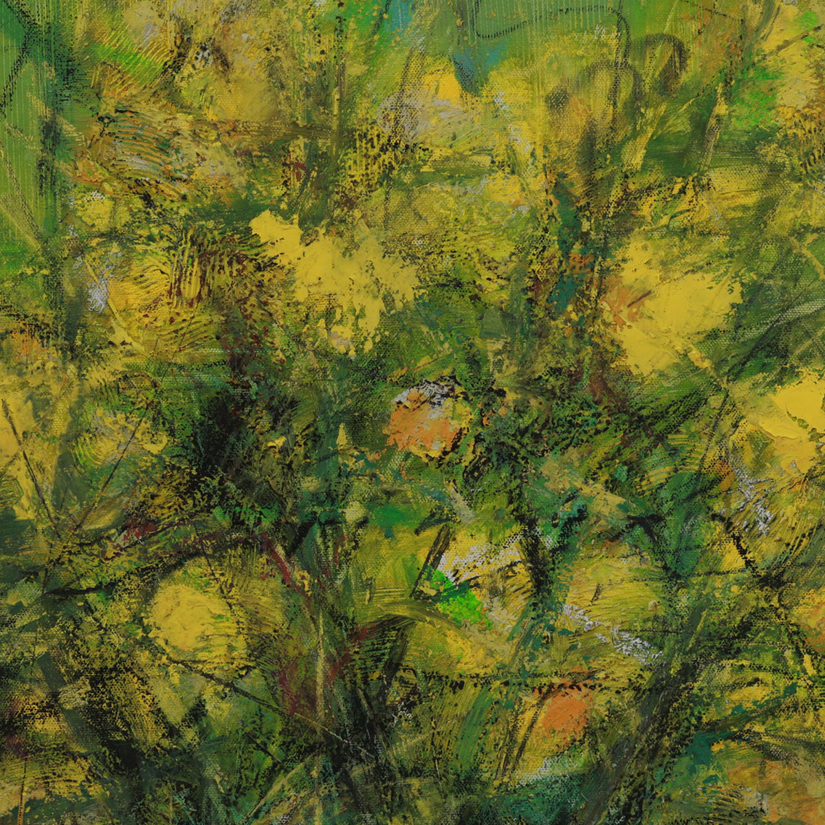 Abstract painting with green and yellow hues