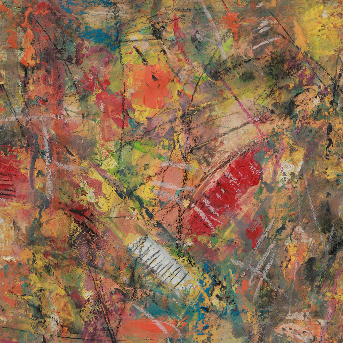 Abstract art with a mix of red, yellow, green, and brown colors on a textured surface.
