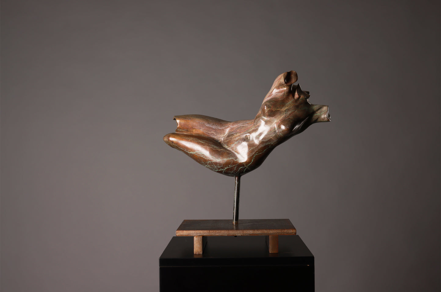 Bronze sculpture of a nude figure on a gray background