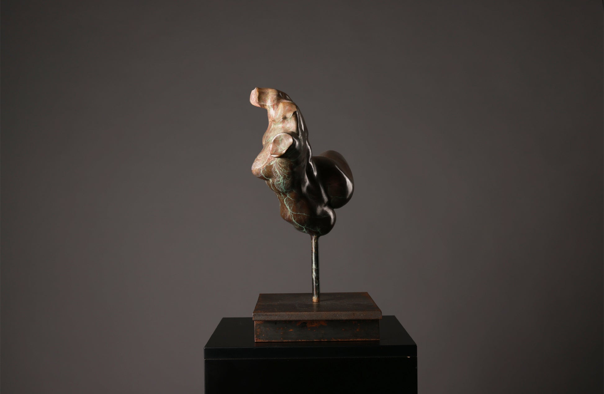 Abstract bronze sculpture on a dark pedestal against a gray background