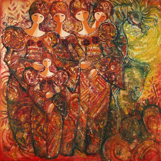 Vibrant abstract painting titled “We Are Family” by artist Hrair, featuring five elongated, stylized female figures in richly textured, ornate red and gold garments. The figures stand close together in a symbolic representation of unity and heritage, with a mystical green horse subtly emerging in the background. The artwork blends Byzantine and Armenian influences with expressive brushstrokes and a warm, earthy palette.