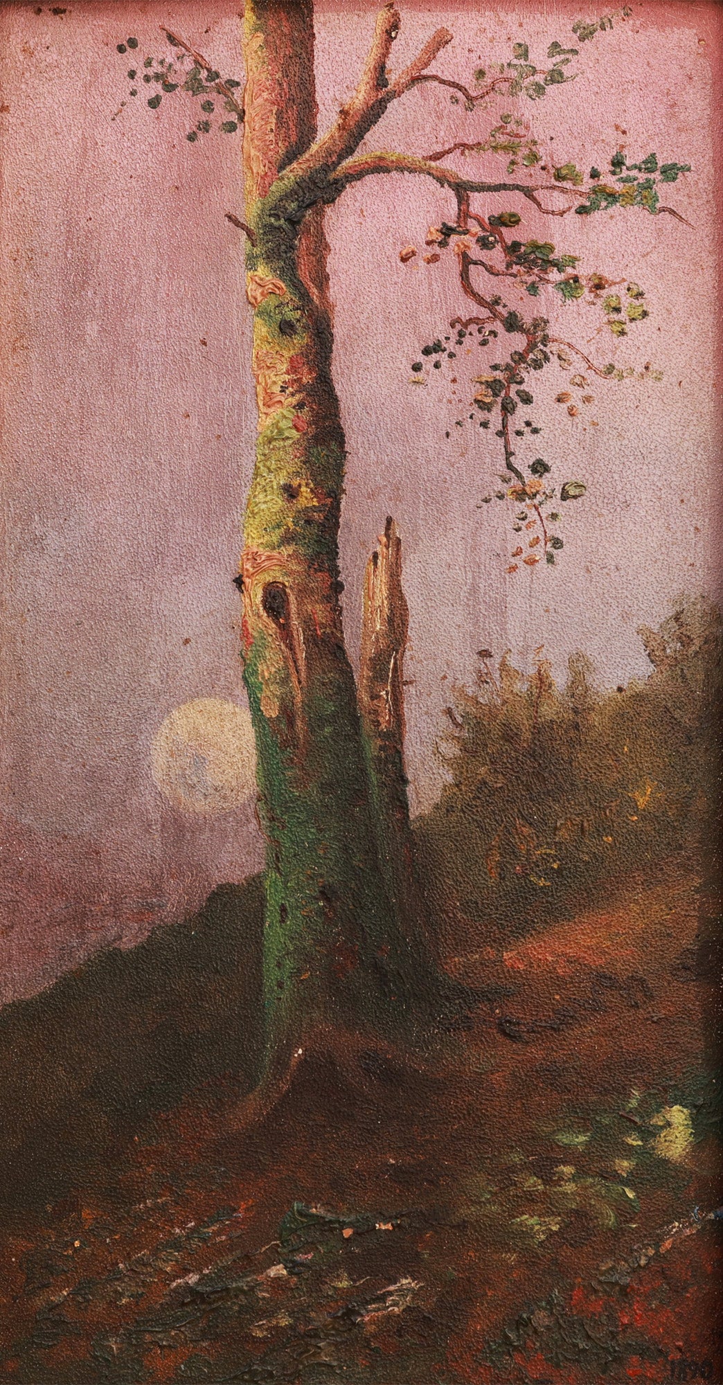 Painting of a tree with a pinkish sky and moon in the background