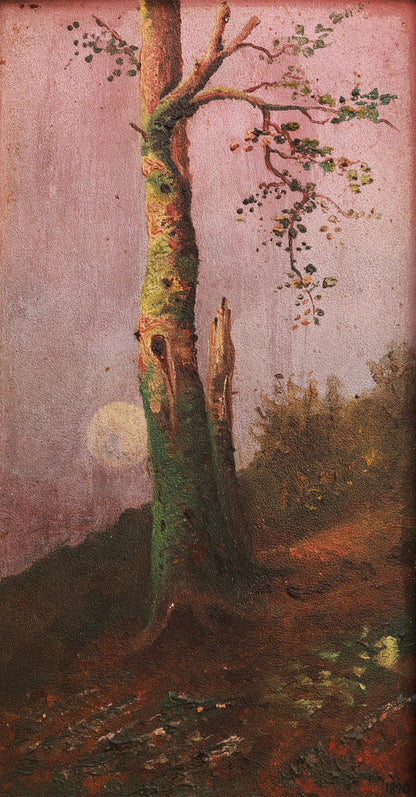 Painting of a tree with a pinkish sky and moon in the background