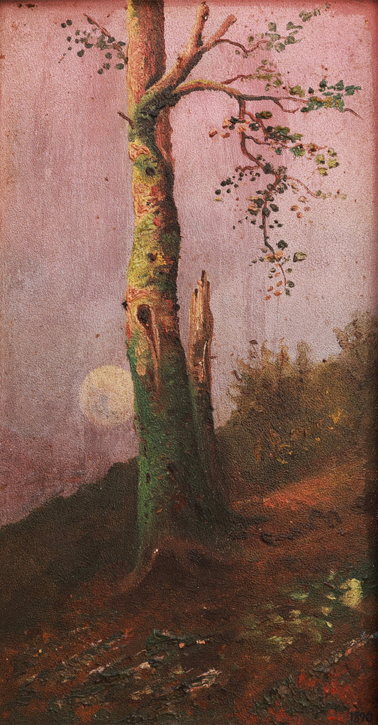 Painting of a tree with a pinkish sky and moon in the background