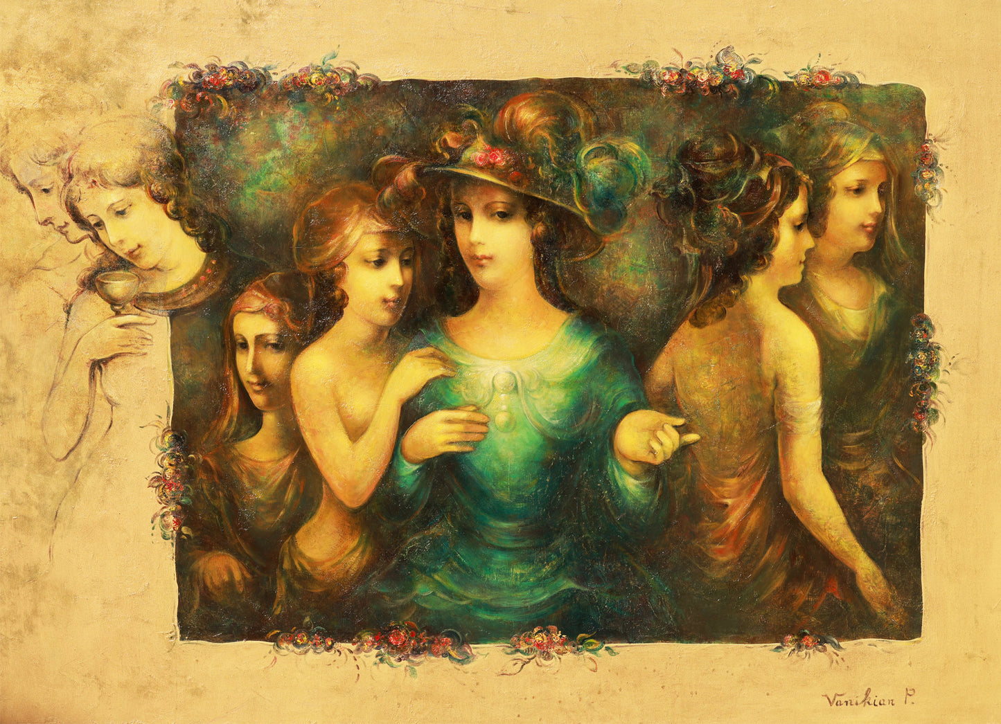 This image features a captivating artwork which presents a complex and richly detailed depiction of multiple female figures. Each character is portrayed with intricate facial expressions and vibrant colors that bring the artwork to life.