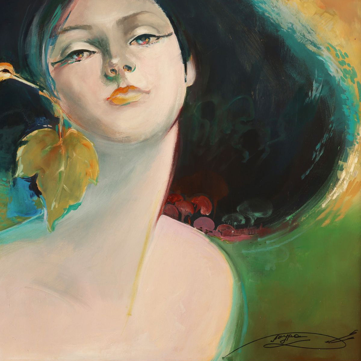 A detail shot of an artistic depiction of a woman with a bird and leaves in her hair against a colorful background