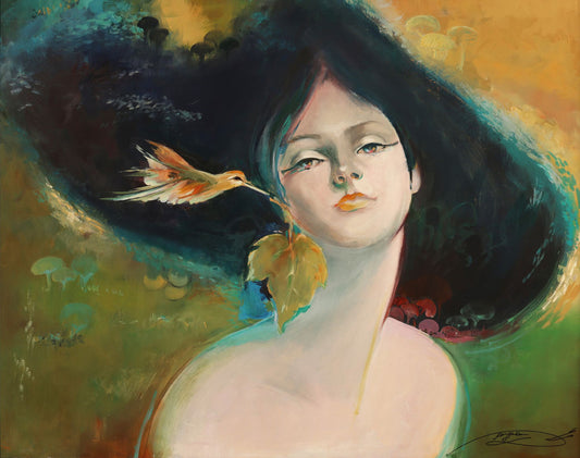 Artistic depiction of a woman with a bird and leaves in her hair against a colorful background