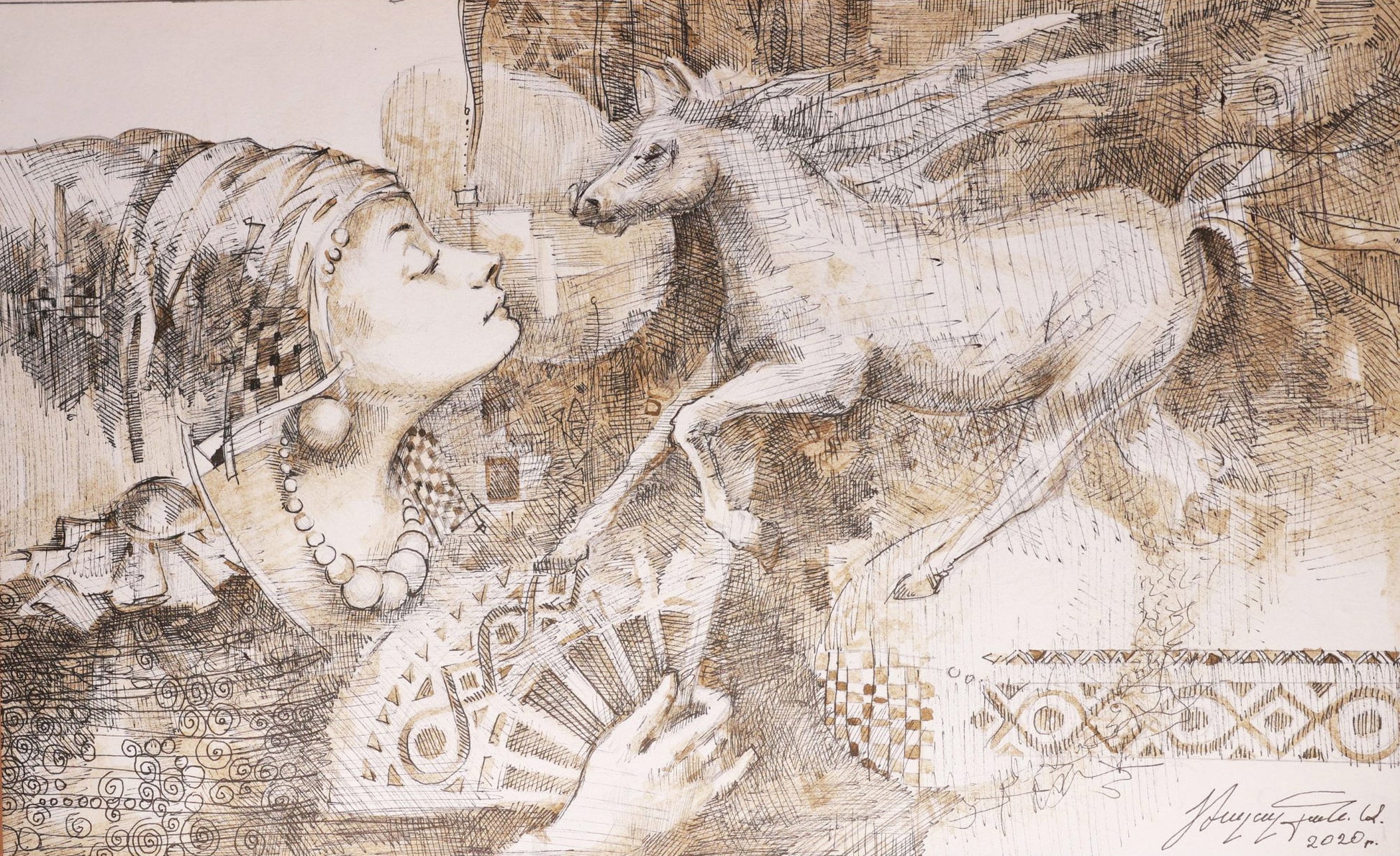 Artistic depiction of a woman and a unicorn with intricate patterns on a textured background