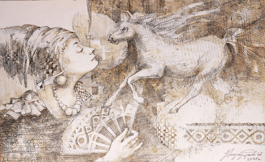 Artistic depiction of a woman and a unicorn with intricate patterns on a textured background