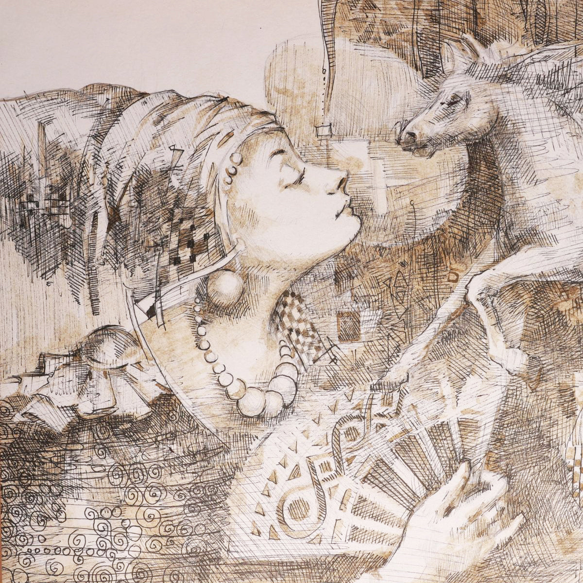 Artistic depiction of a woman with a horse, featuring intricate line work.