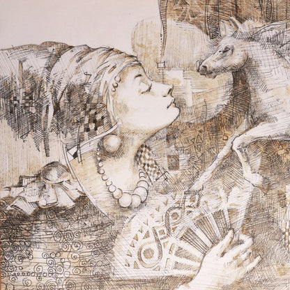 Artistic depiction of a woman with a horse, featuring intricate line work.