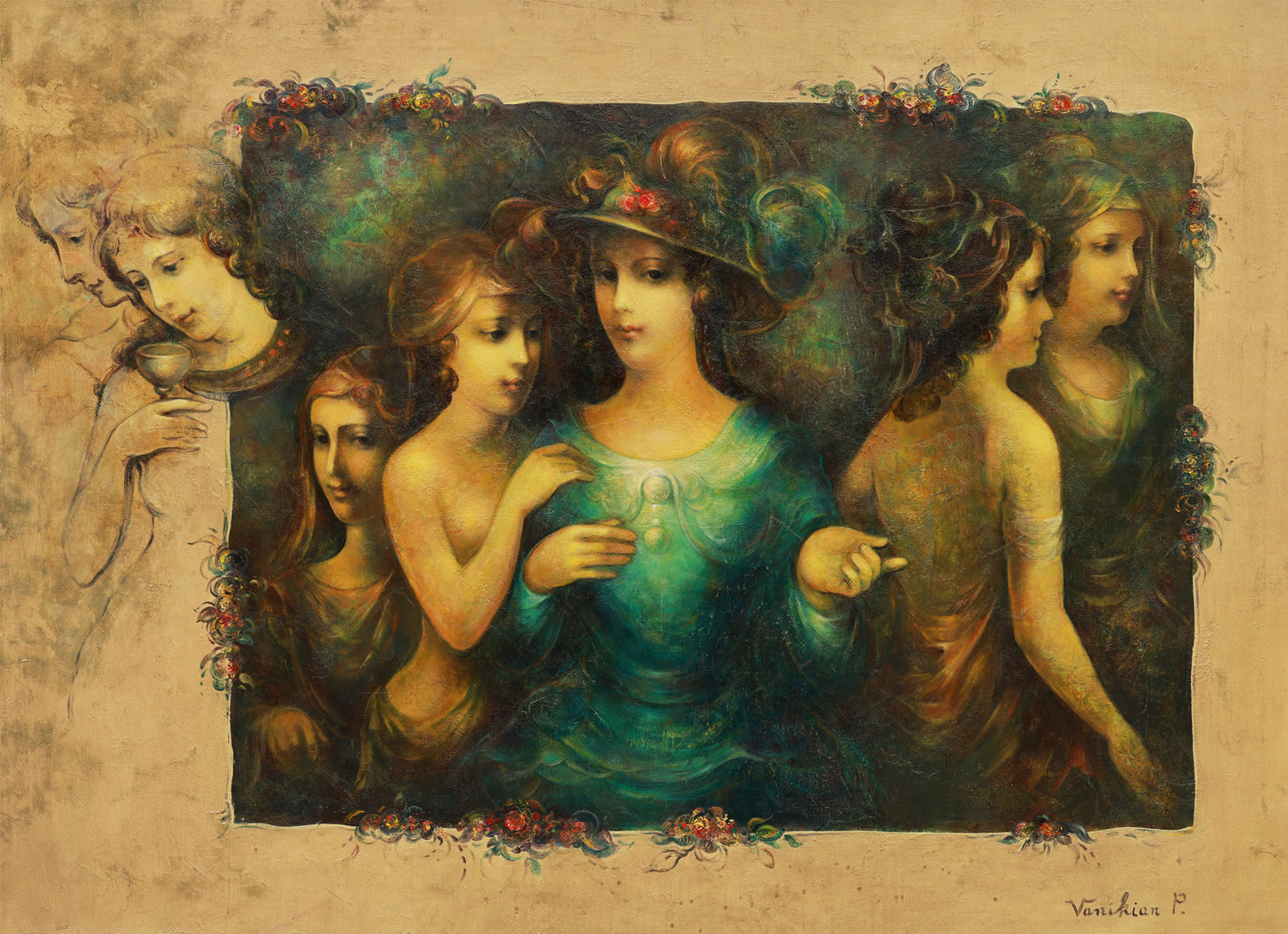 Artistic depiction of a woman with floral accents on a beige background