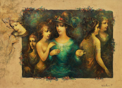 Artistic depiction of a woman with floral accents on a beige background