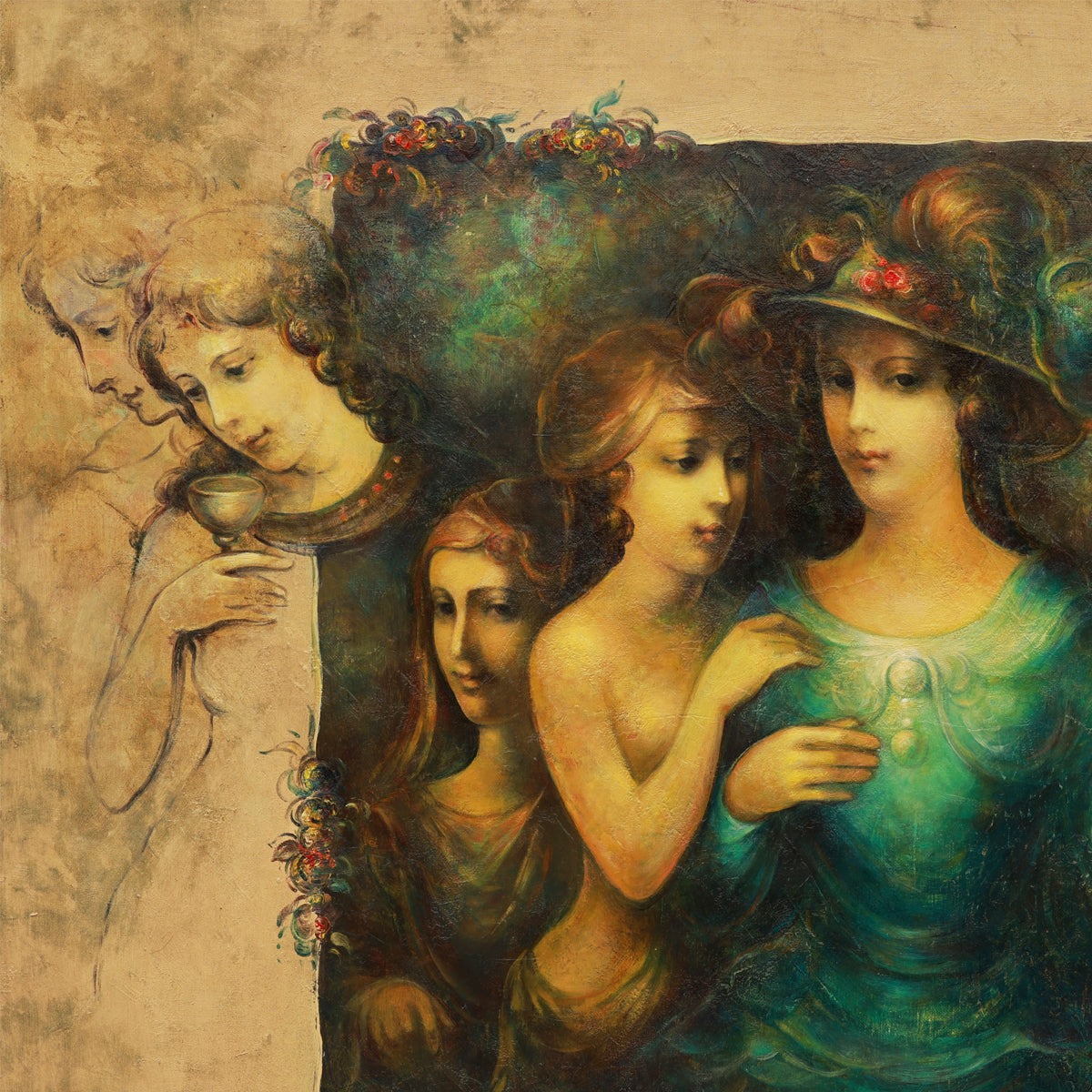 Artistic depiction of five women with floral crowns and dresses in various colors.