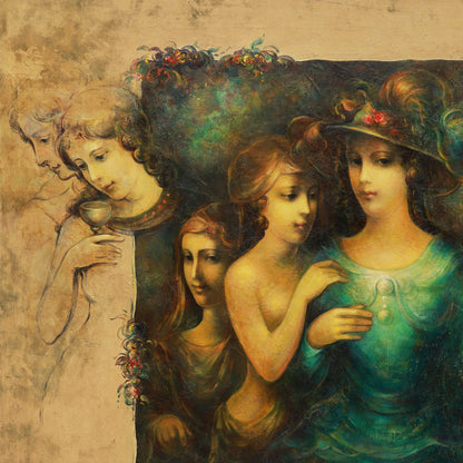 Artistic depiction of five women with floral crowns and dresses in various colors.