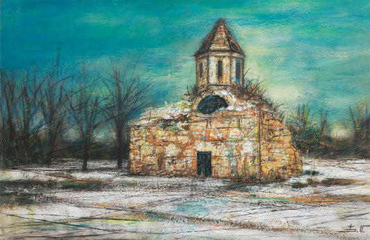 Artistic depiction of a stone building with a pointed roof against a blue sky.