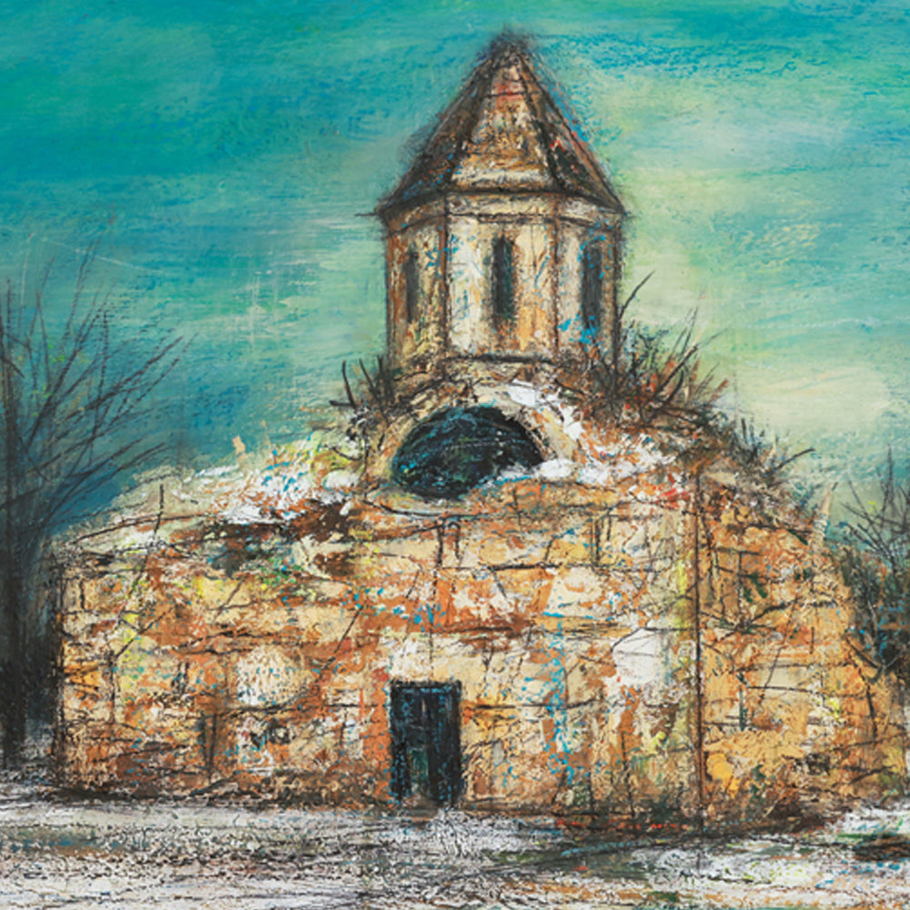 Artistic depiction of a stone building with a tower against a blue sky.