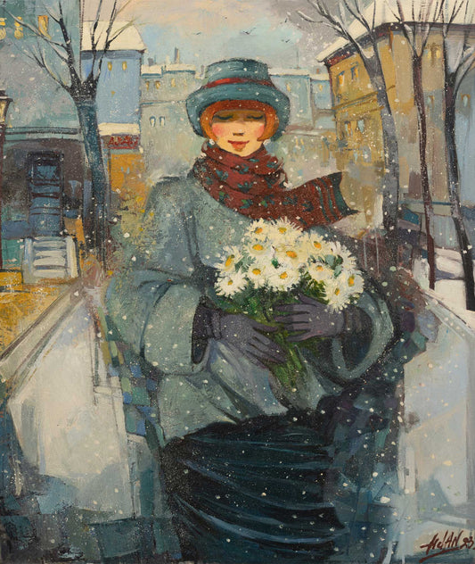 Woman holding flowers in a snowy street scene with buildings in the background